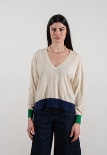 Pull col V femme en cachemire & laine ultrafin blanc & vert & bleu marine - KELLY 10
