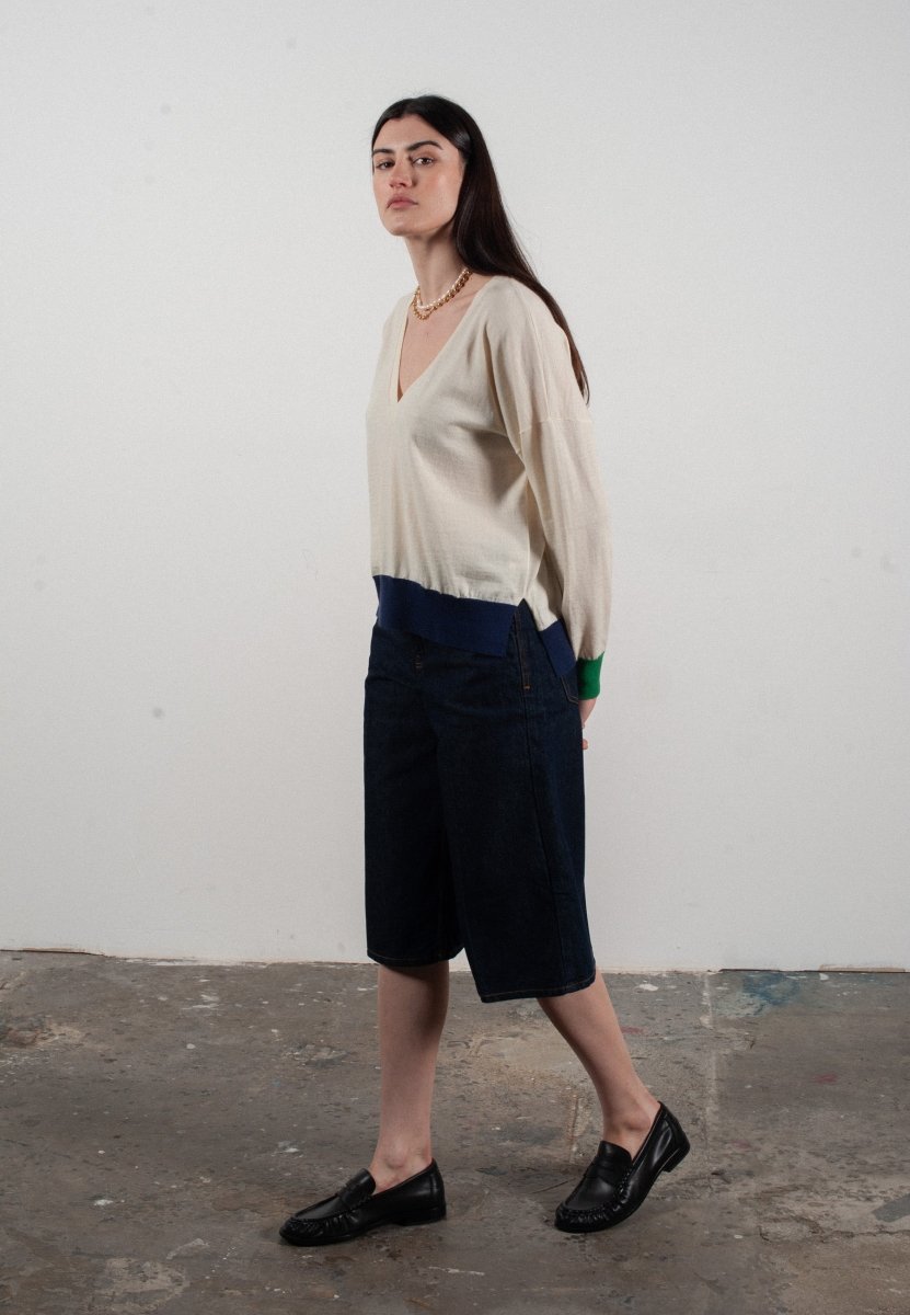 Pull col V femme en cachemire & laine ultrafin blanc & vert & bleu marine - KELLY 10