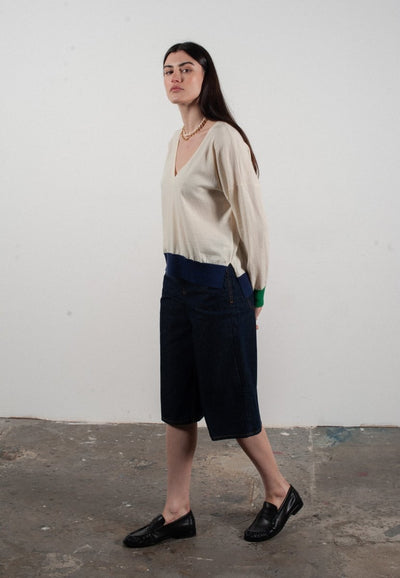 Pull col V femme en cachemire & laine ultrafin blanc & vert & bleu marine - KELLY 10