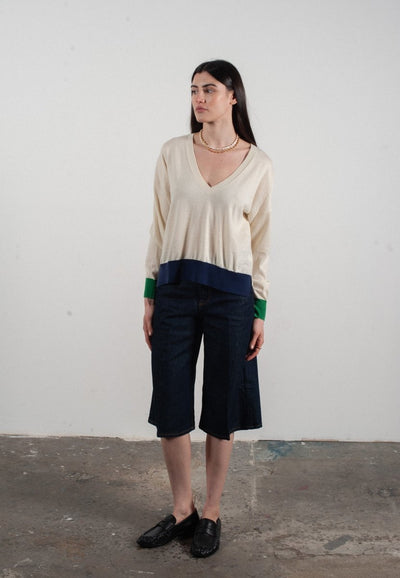 Pull col V femme en cachemire & laine ultrafin blanc & vert & bleu marine - KELLY 10