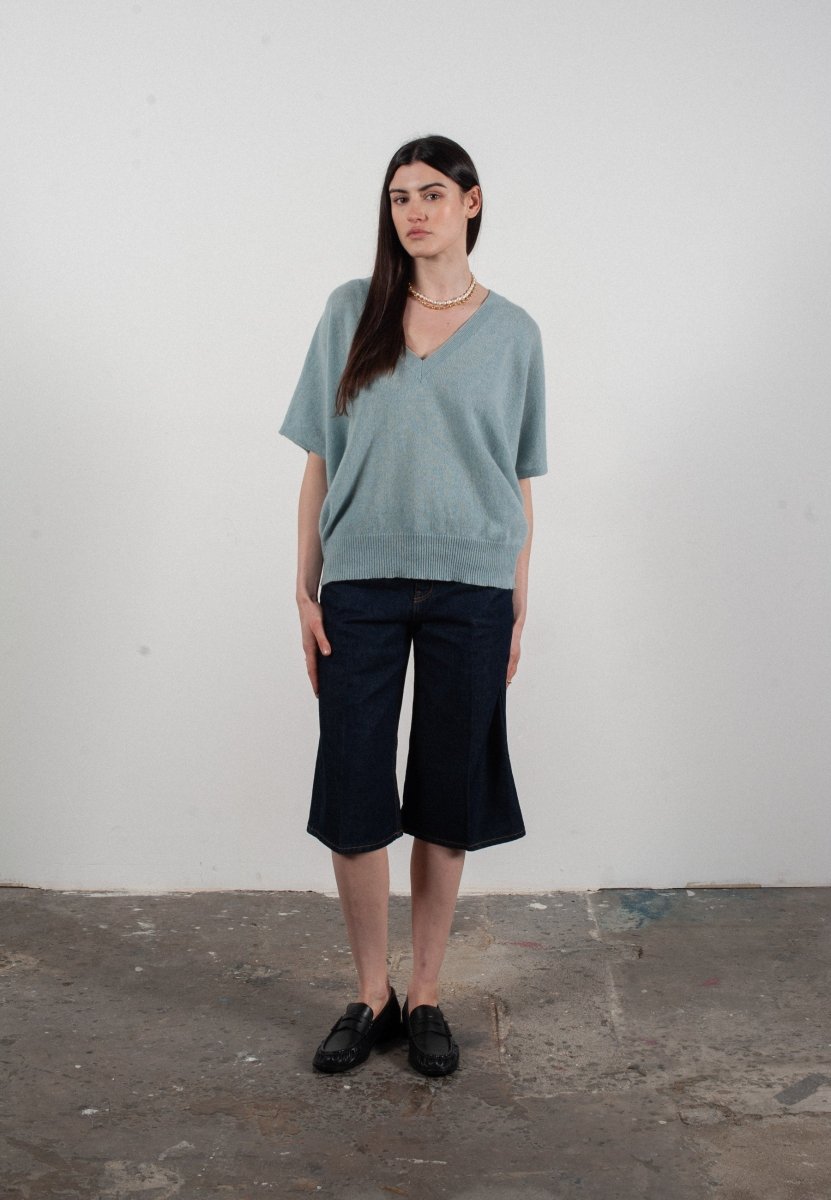 Pull col V manches chauve souris femme en cachemire vert d'eau - RIA 25