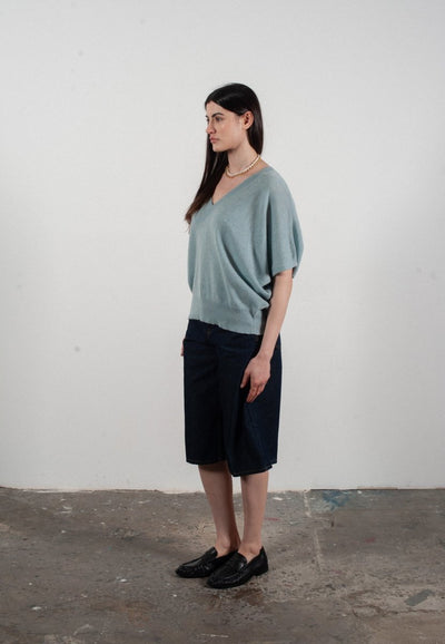 Pull col V manches chauve souris femme en cachemire vert d'eau - RIA 25