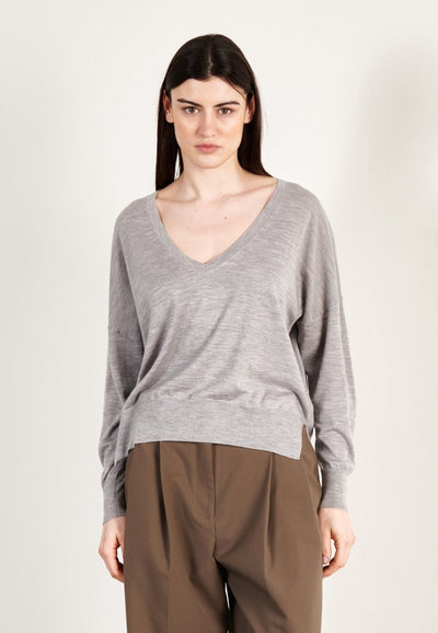 Pull col V femme en cachemire & laine ultrafin gris - KELLY 10
