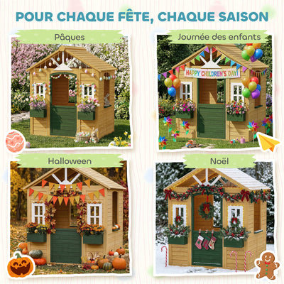 Cabane enfant extérieur en bois, maison enfant extérieure avec porte, fenêtres, 2 bacs à fleurs, 134,5x97x150cm, marron