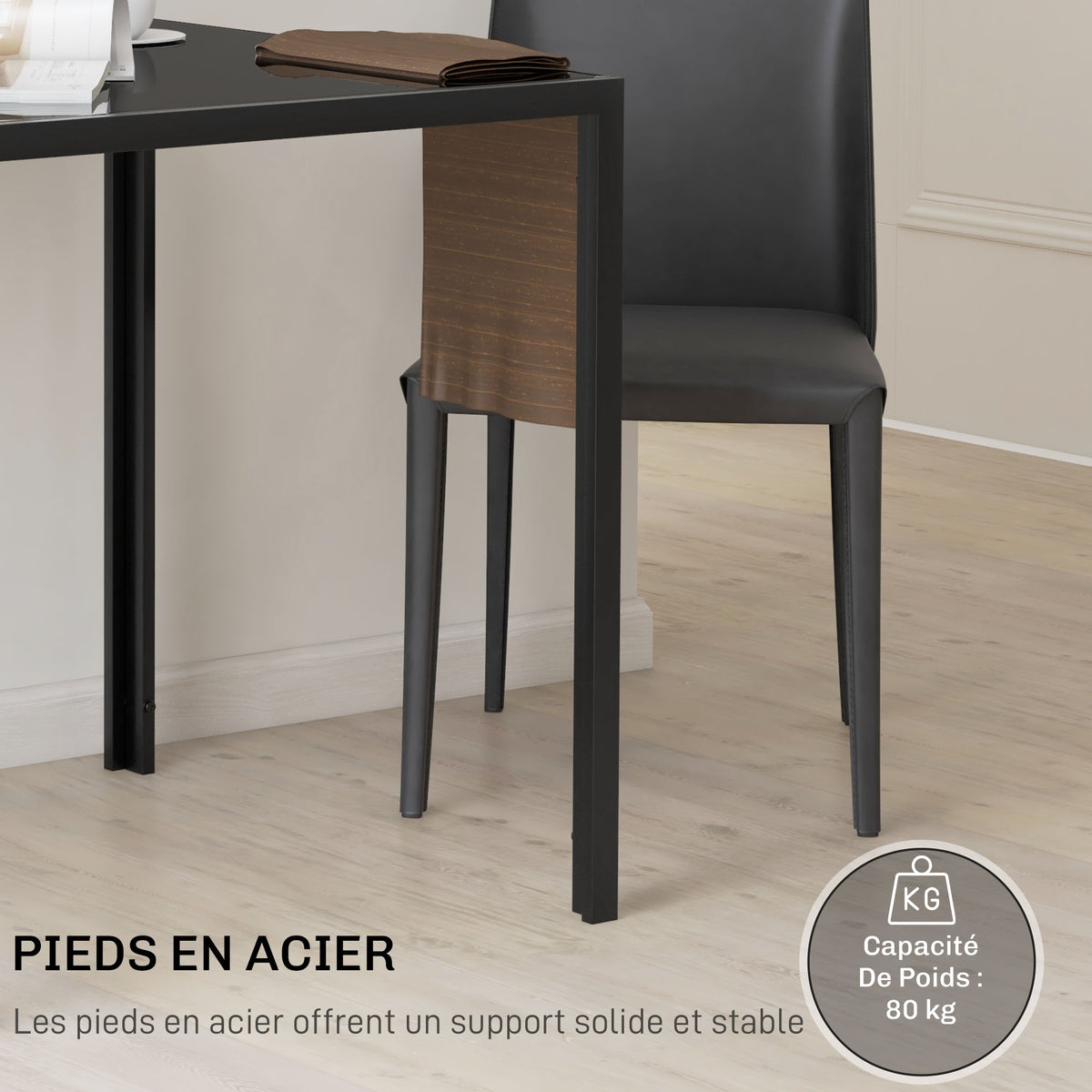 Table à manger pour 4 personnes, table de cuisine avec plateau en verre trempé et pieds en acier, 75 x 75 x 75 cm, noir
