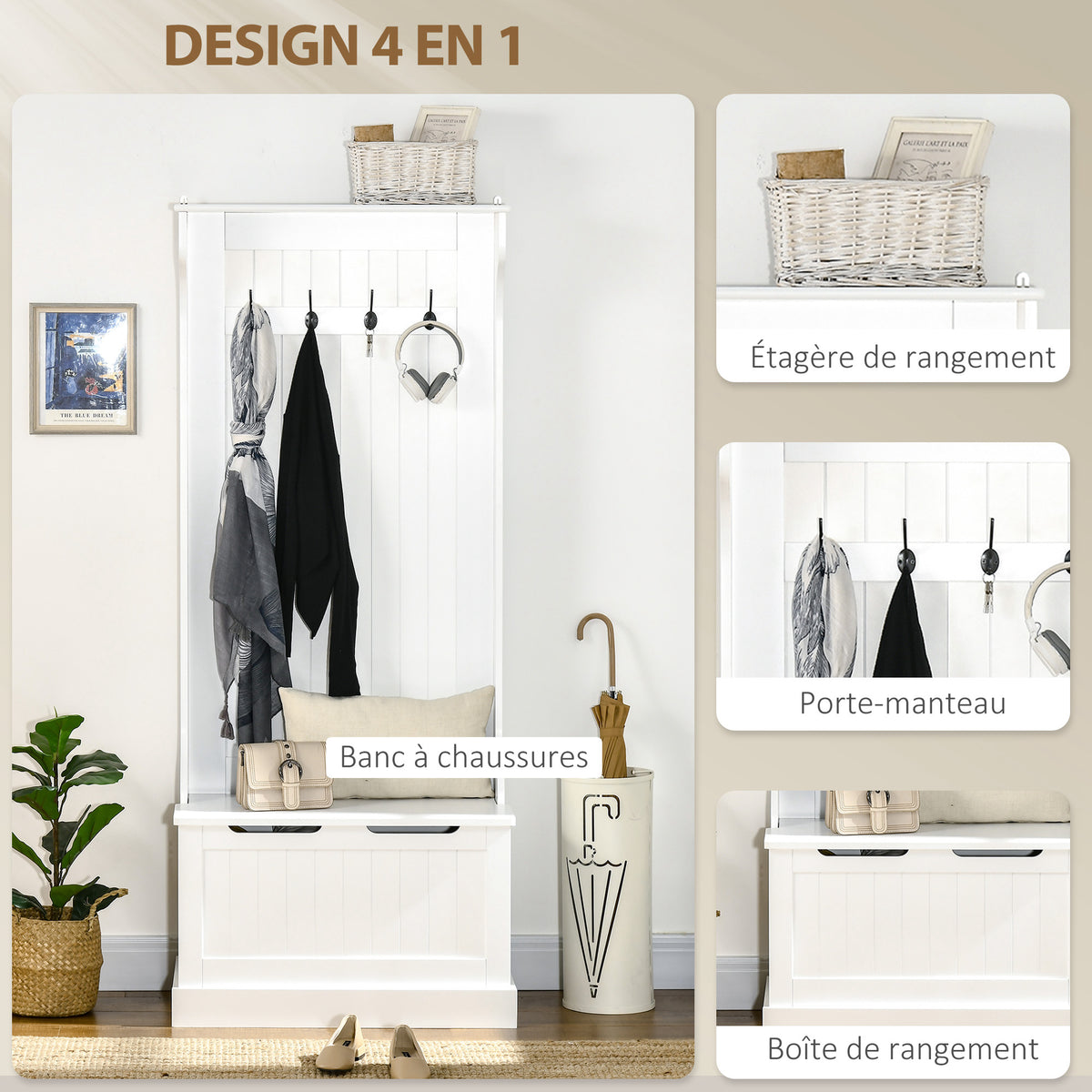 Meuble d'entrée 4 en 1, vestiaire d'entrée avec banc de rangement et 4 crochets doubles, 71,5 x 39,5 x 170 cm, blanc