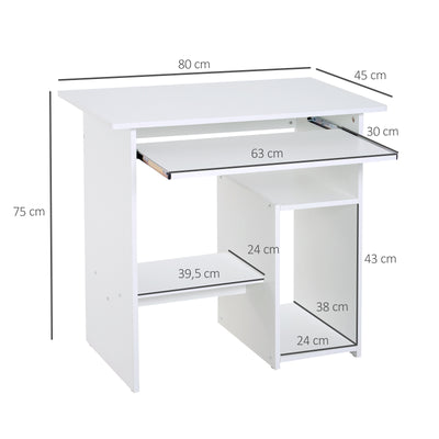 Bureau d'ordinateur, bureau avec rangement, plateau pour clavier et support de moniteur, 80 x 45 x 75 cm, blanc