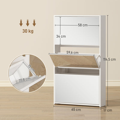 Meuble à chaussures 9 paires, armoire à chaussures étroite, 3 tiroirs rabattables et portes miroirs, 65x17x114,5cm blanc