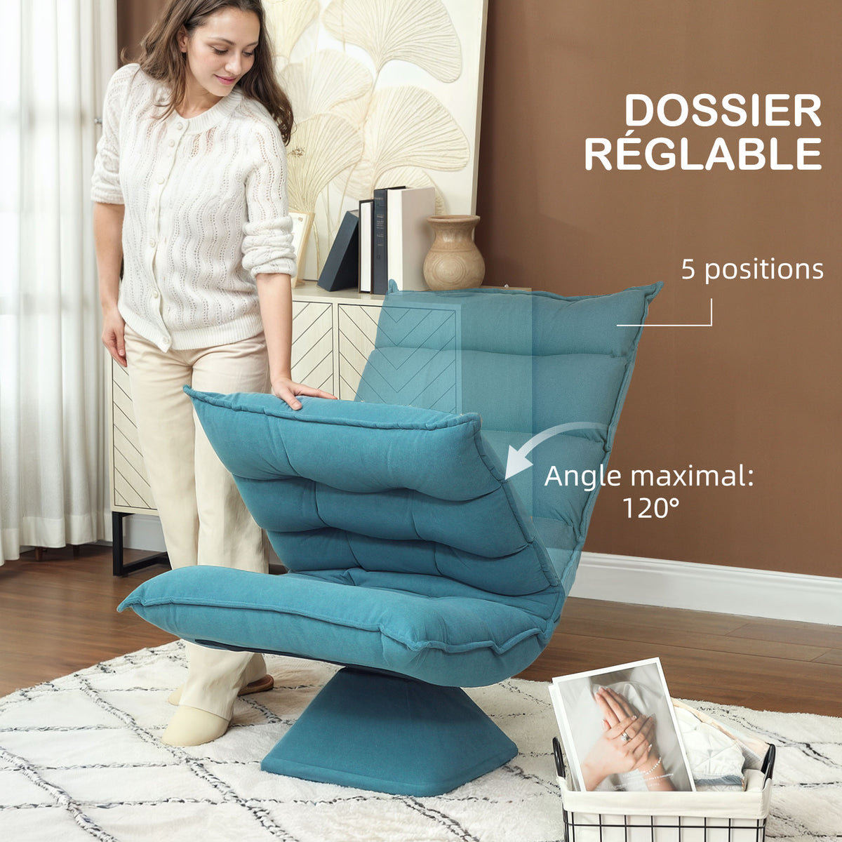 Fauteuil de sol paresseux fauteuil relax fauteuil salon design capitonné inclinaison dossier réglable pivotant 360°