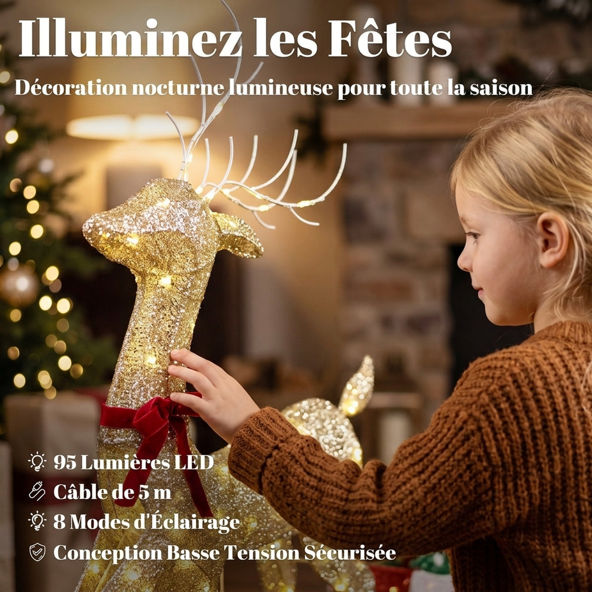 Renne et traîneau lumineux, décoration de Noël extérieure, 95 LED blanc chaud, 8 modes, minuterie quotidienne