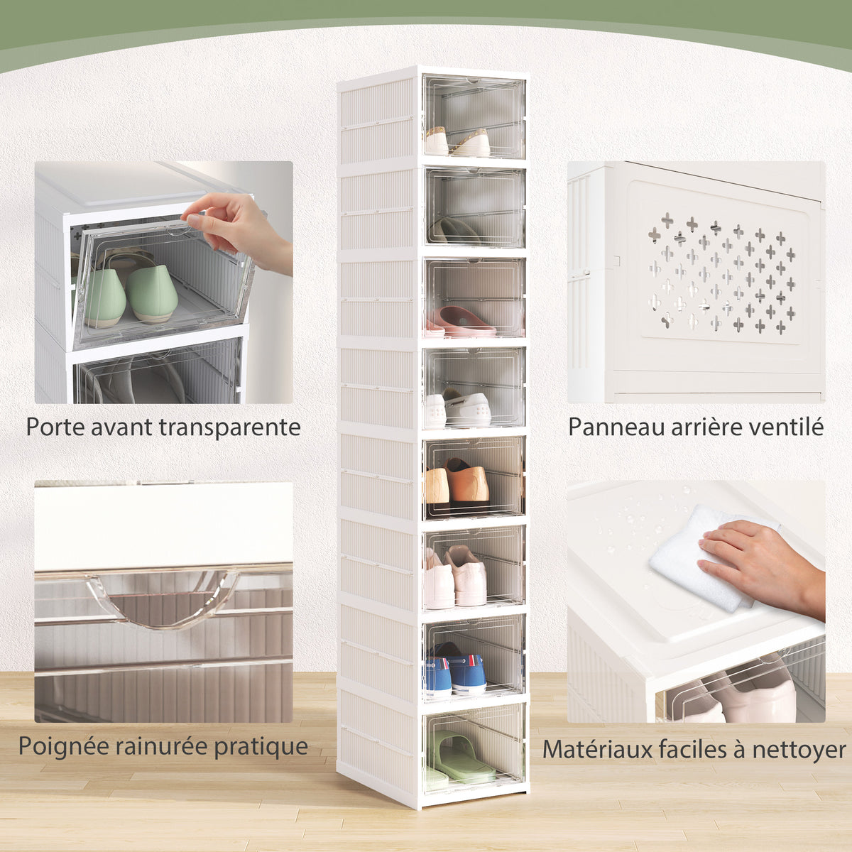 Lot de 8 boîtes à chaussures pliables en plastique empilables avec couvercles, pour pointure jusqu'à 43, blanc