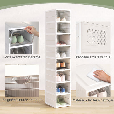 Lot de 8 boîtes à chaussures pliables en plastique empilables avec couvercles, pour pointure jusqu'à 43, blanc