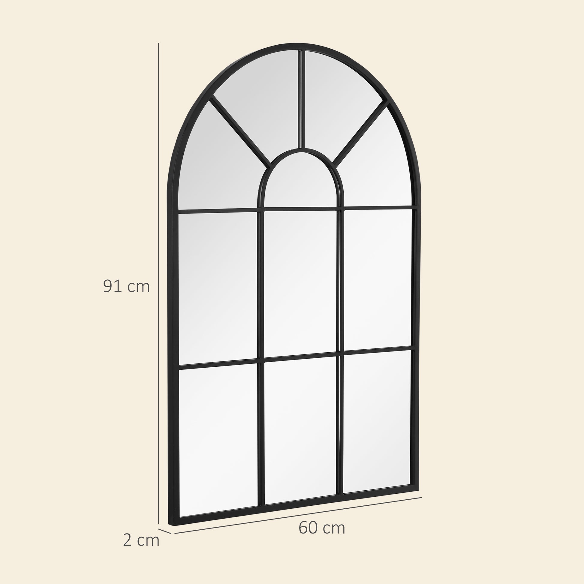 Miroir mural arqué 91 x 60 cm, miroir verrière arche style industriel, miroir de fenêtre arqué avec cadre métallique, pour salon, chambre, couloir, noir