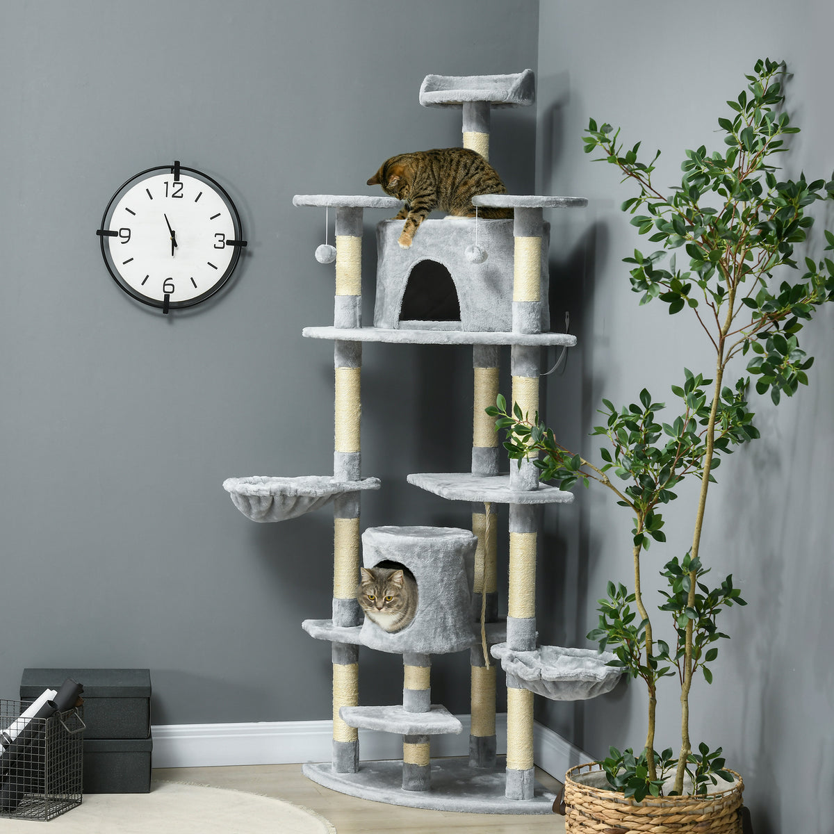 Arbre à chat XXL arbre à grimper pour chat multi-équipements griffoirs 6 plate-formes 2 niches hauteur 200 cm gris