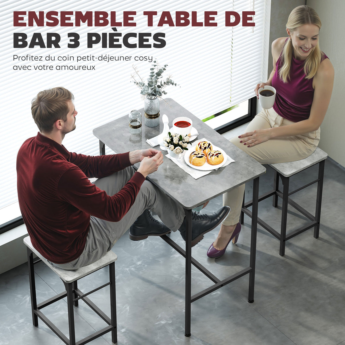 Ensemble table de bar avec 2 tabourets, cadre en acier pour cuisine, salle à manger et salon, gris Aosom