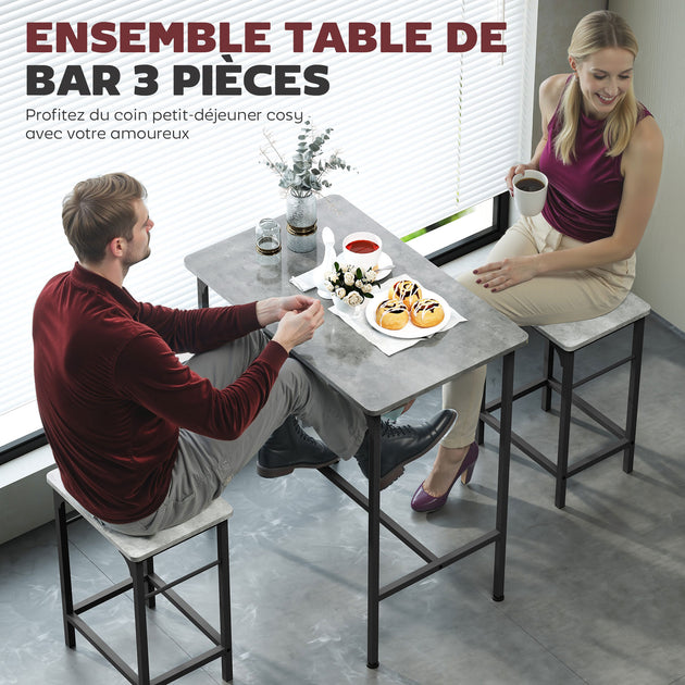 Ensemble table de bar avec 2 tabourets, cadre en acier pour cuisine, salle à manger et salon, gris Aosom
