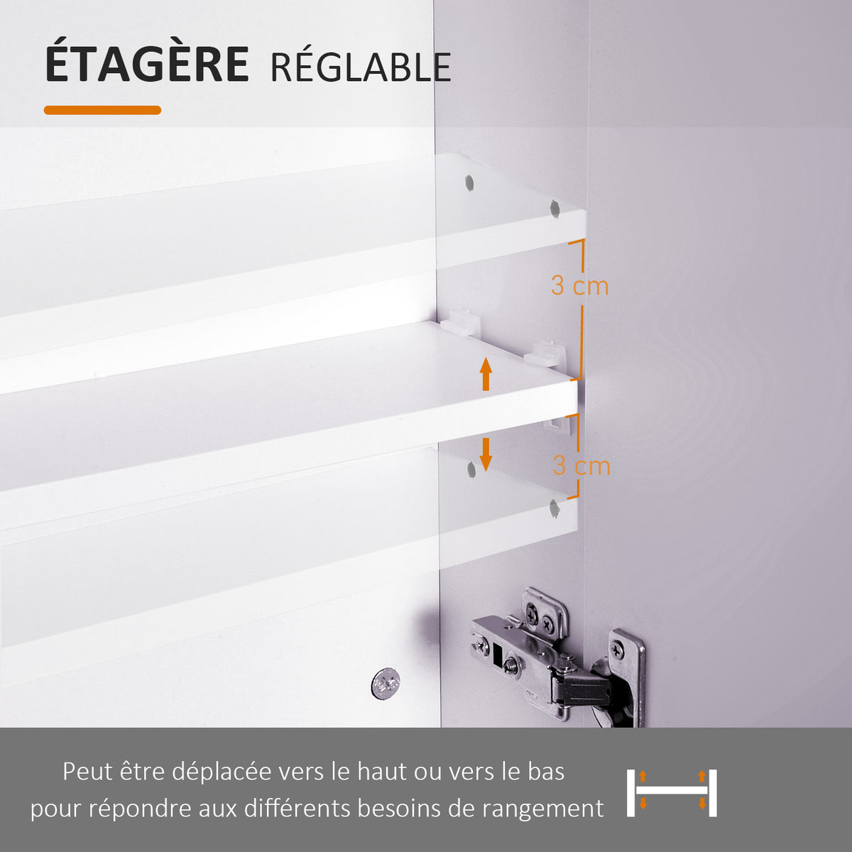 Armoire murale salle de bain avec miroir 70 x 60 cm avec étagère réglable, miroir salle de bain avec rangement, blanc