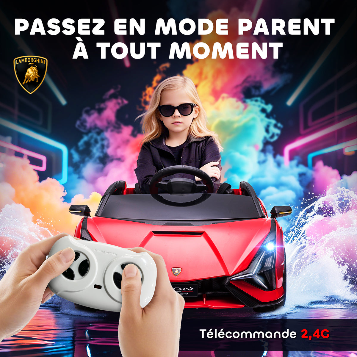 Voiture électrique Enfants de Sport Véhicule électrique Lamborghini Sian 12 V - V. Max. 5 Km/h avec Télécommande 2,4G Effets sonores + Lumineux Rouge