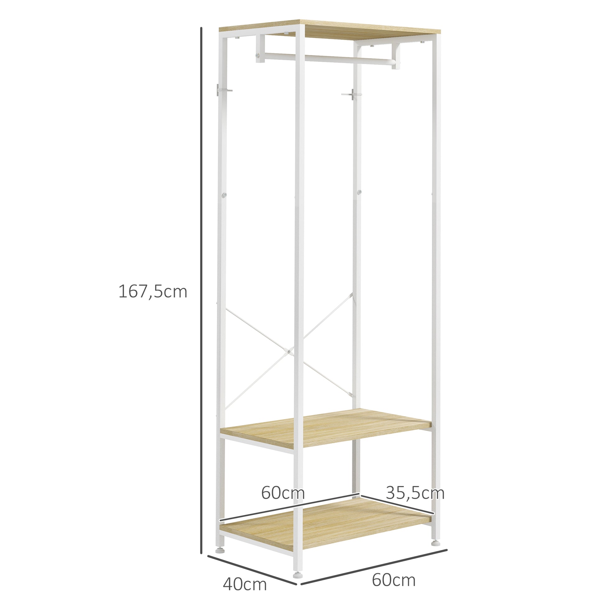 Porte-Manteaux avec tringle et 2 étagère à chaussures 60L x 40l x 167,5H cm Aspect bois Clair métal Blanc