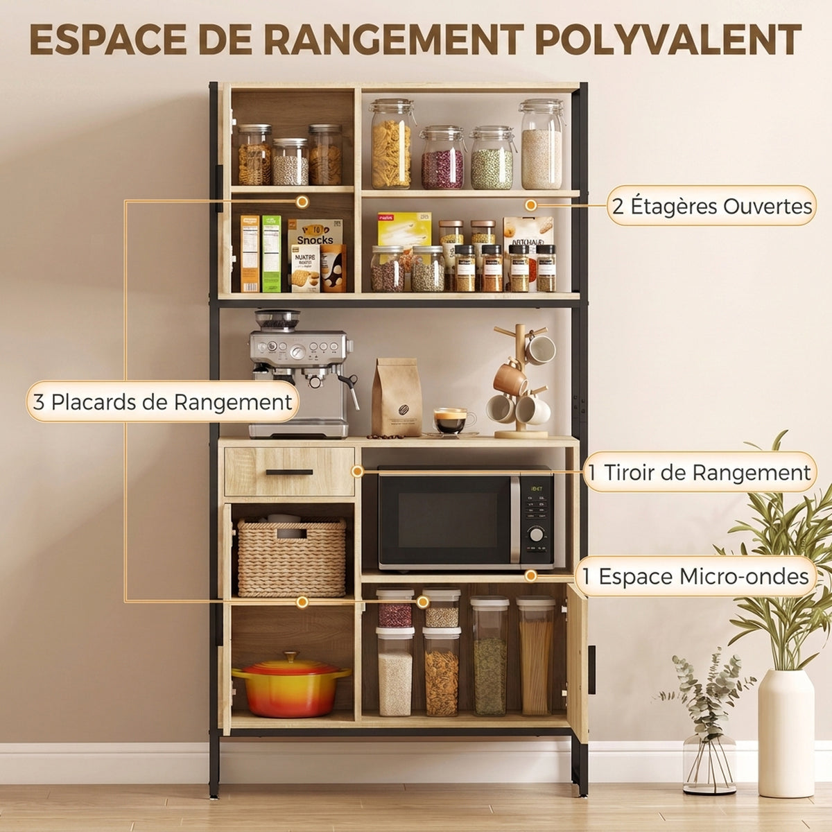 Buffet Haut Cuisine, Armoire de Cuisine, 3 Portes à Fermeture Douce, Tiroir, Plan de Travail, Niches Ouvertes, Naturel
