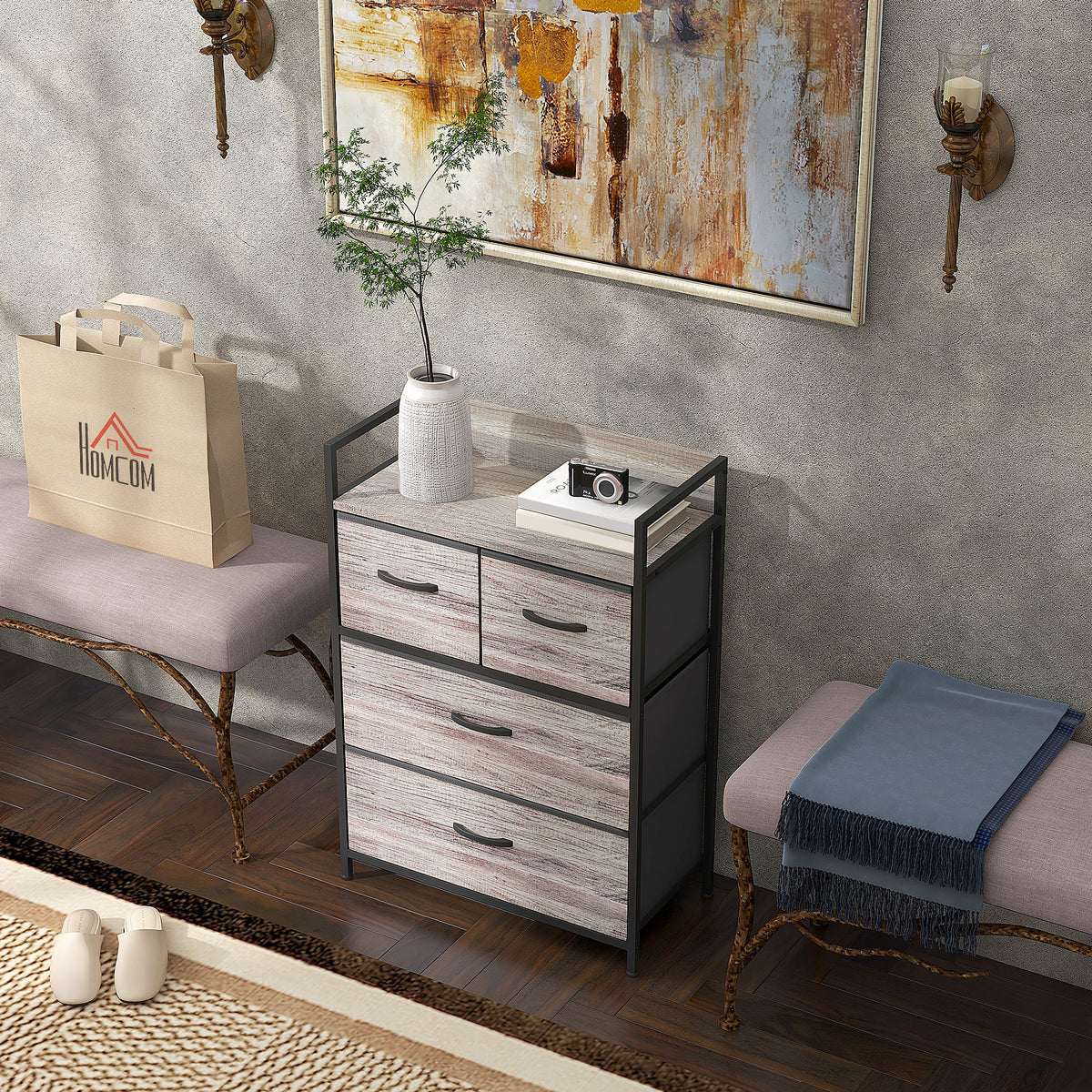 Meuble de rangement style industriel commode 4 tiroirs en tissu pliables et amovibles et 1 étagère 60 x 29 x 85 cm gris