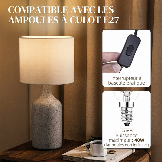 Lampe de Table avec Base en Céramique et Abat-Jour en Lin, Lampe de Chevet Rétro avec Culot E27, Blanc et Sable Aosom