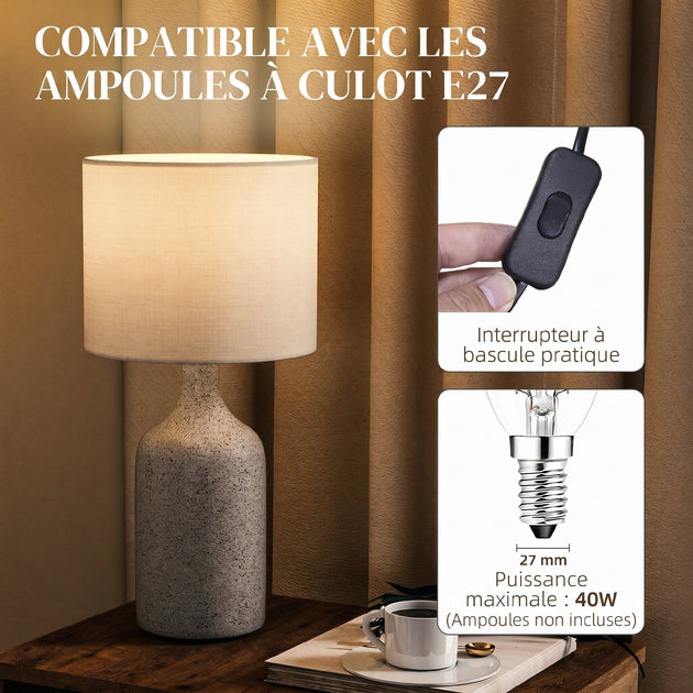 Lampe de Table avec Base en Céramique et Abat-Jour en Lin, Lampe de Chevet Rétro avec Culot E27, Blanc et Sable Aosom