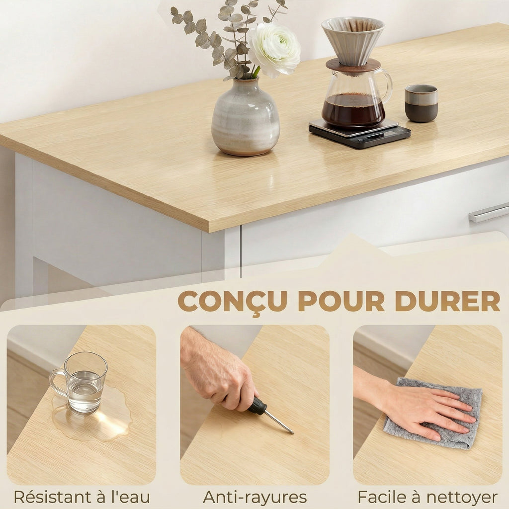 Desserte de cuisine à roulettes, îlot central cuisine avec plan de travail, tiroir, étagères, porte-serviettes, blanc