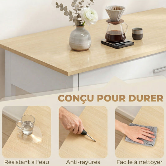 Desserte de cuisine à roulettes, îlot central cuisine avec plan de travail, tiroir, étagères, porte-serviettes, blanc