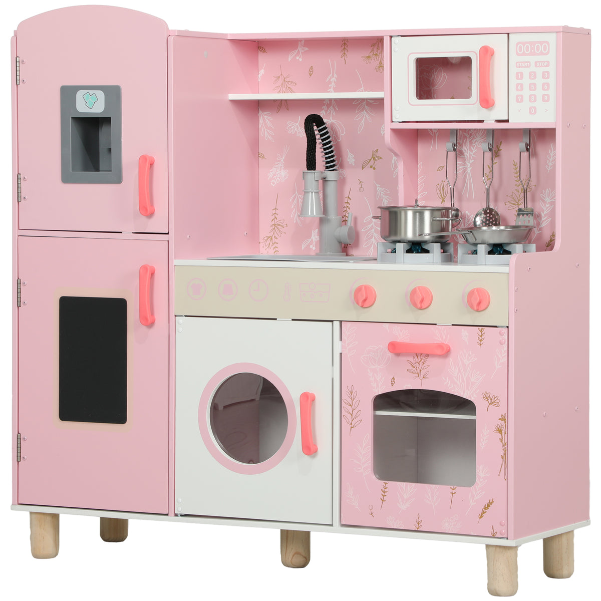 Cuisine Enfant avec Glaçons, Micro-ondes, Four, Plaque, Évier, Machine à Laver, Tableau, 90x 33,3x91,6cm, Rose
