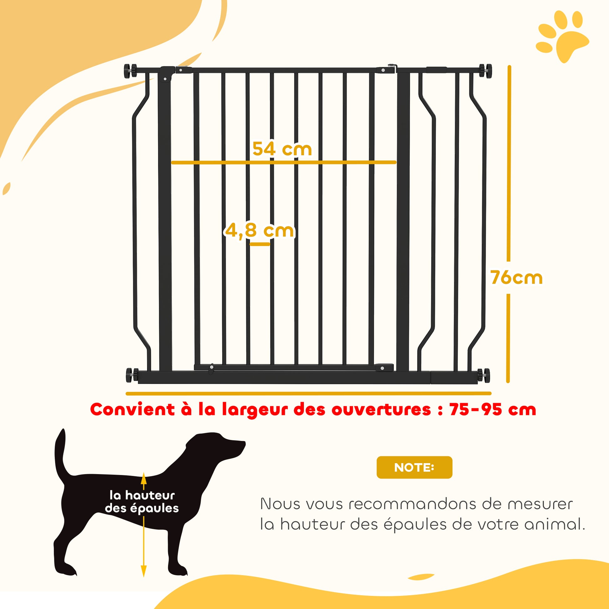 Barrière de sécurité barrière pour animal domestique longueur réglable sans perçage en acier et ABS 75-95 x 76 cm noir