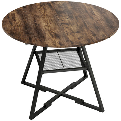 Table à manger ronde pour 4 personnes, Ø 100 x 76 cm, table de cuisine avec large plateau et étagère, brun rustique