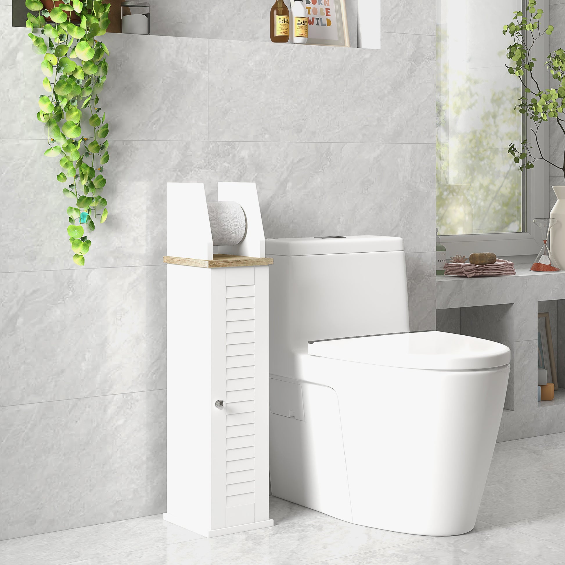 Meuble de salle de bain support papier toilette avec placard et étagère réglable 18 x 20 x 80 cm blanc