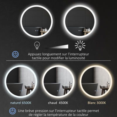 Miroir rond lumineux LED de salle de bain Ø 70 cm mural éclairage interrupteur tactile système antibuée 35W blanc argent