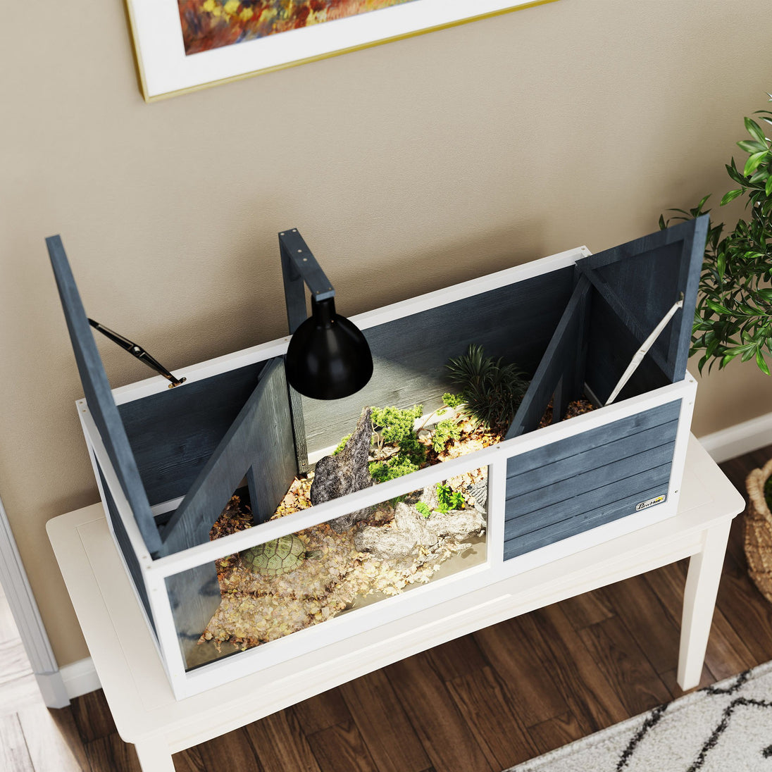 Maison pour tortues enclos avec toit ouvrant support lampe plateau fenêtre panoramique 120 x 50 x 40 cm gris Aosom