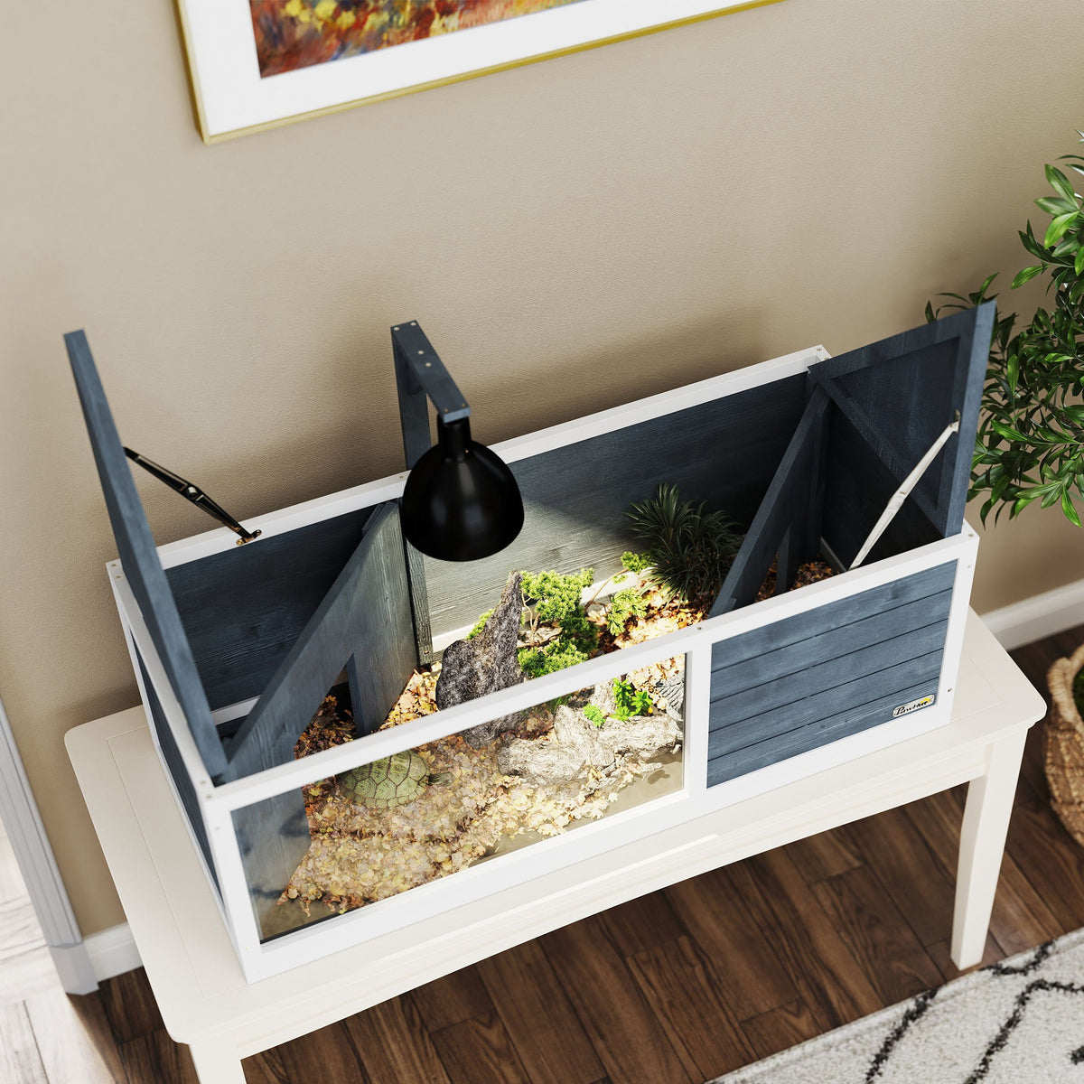 Maison pour tortues enclos avec toit ouvrant support lampe plateau fenêtre panoramique 120 x 50 x 40 cm gris Aosom