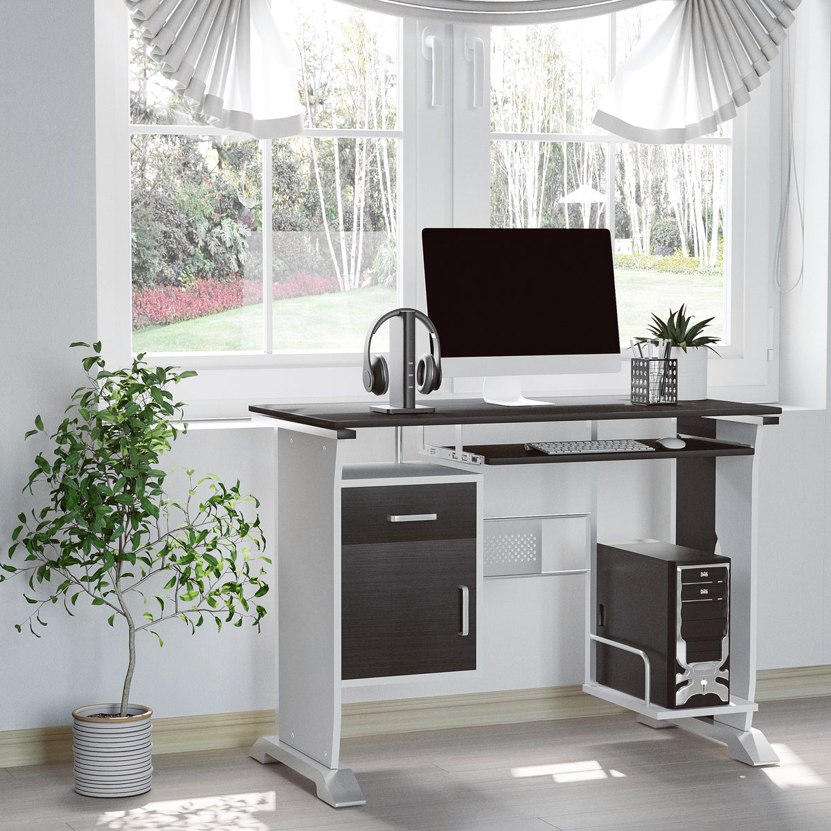 Bureau d'ordinateur, 100 x 52 x 75 cm, bureau avec tablette coulissante pour clavier, tiroirs et support d'unité centrale, table informatique pour étudier noyer foncé et blanc