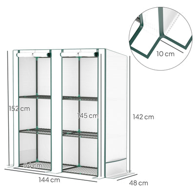 Serre de jardin avec étagères métalliques à 3 niveaux serre de balcon couverture PE toit incliné 144 x 48 x 152 cm blanc