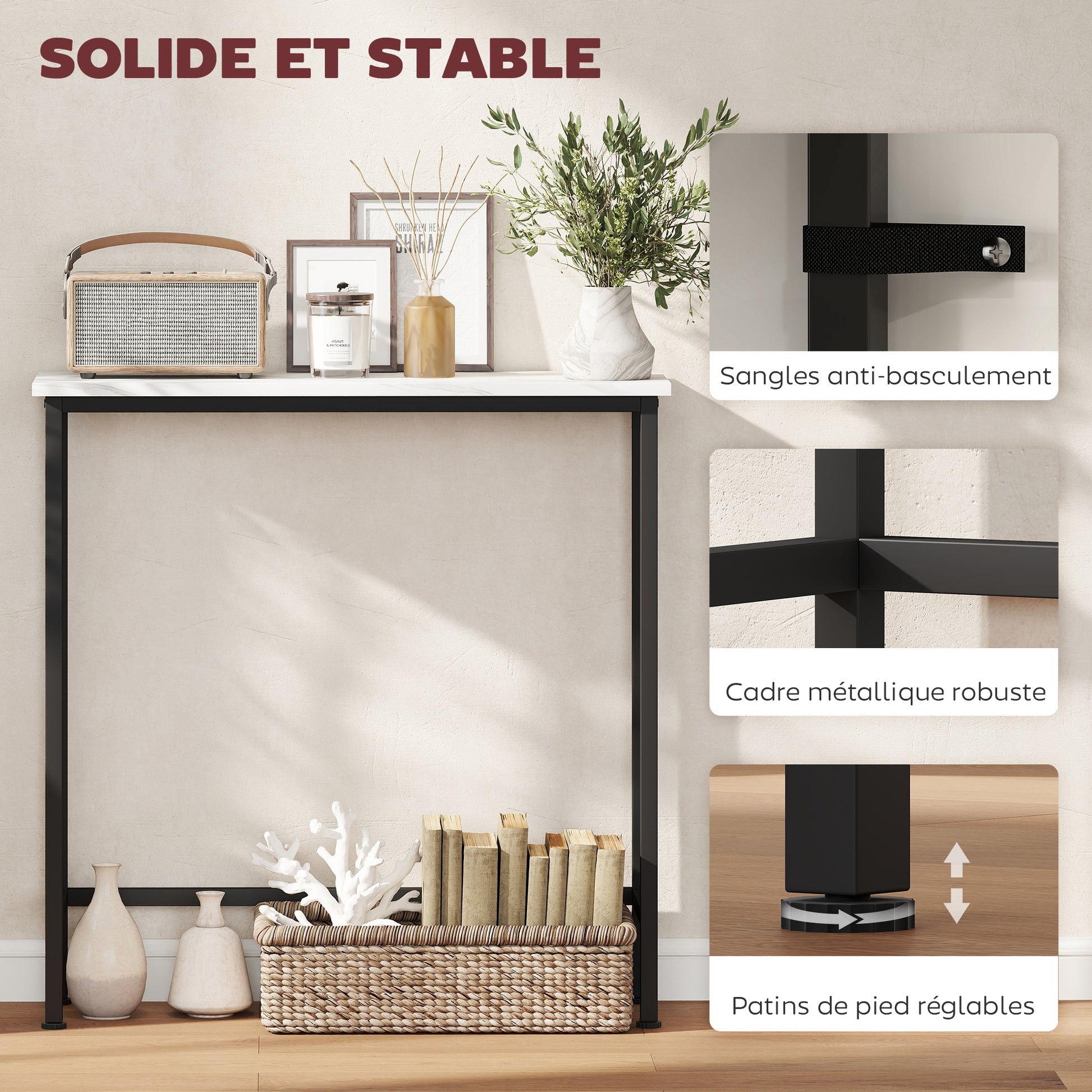 Console meuble 75 cm, table console plateaux en effet marbre, cadre en métal, style moderne blanc et noir