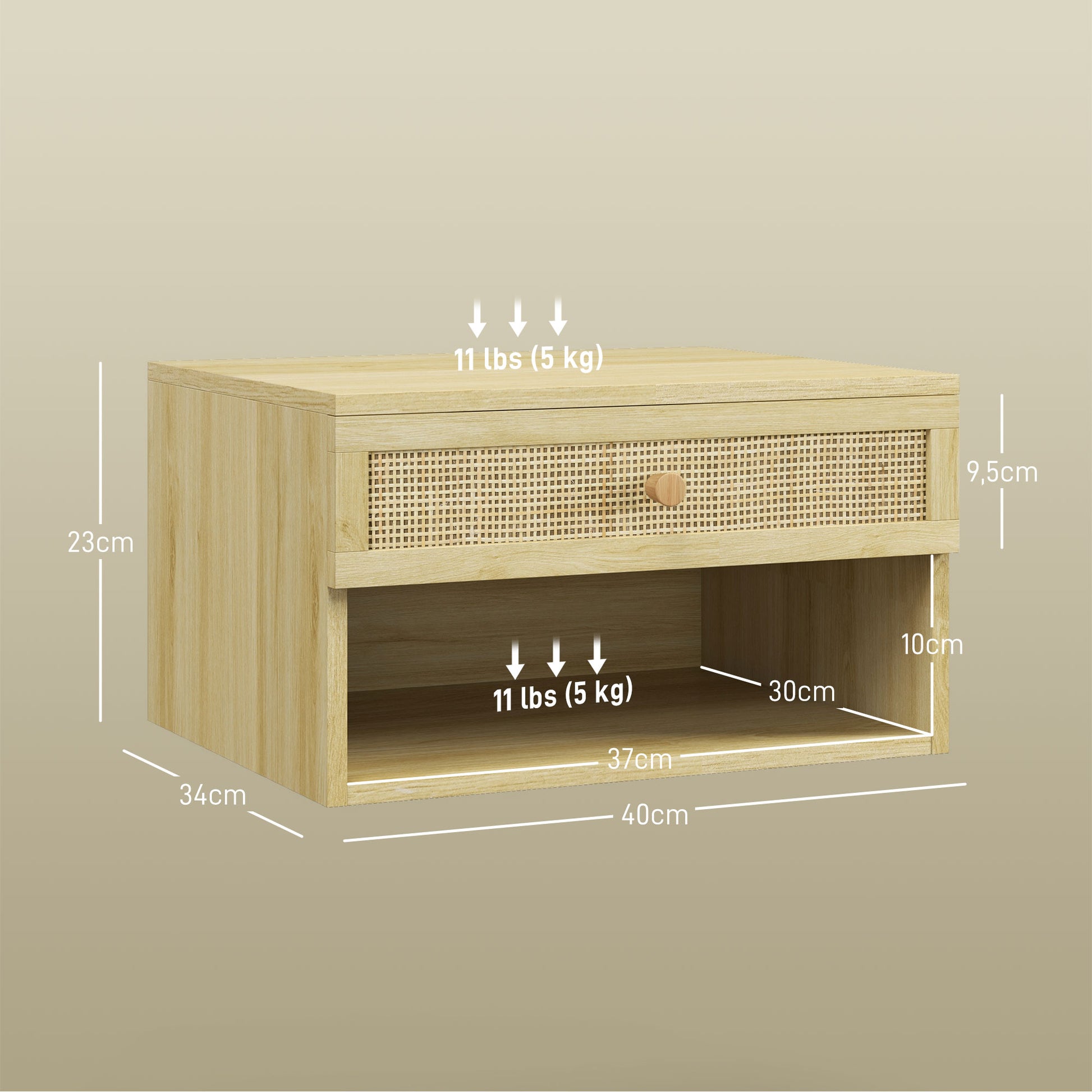 Lot de 2 tables de chevet murales tiroir coulissant, niche, plateau - en bois dim. 40L x 34l x 23H cm