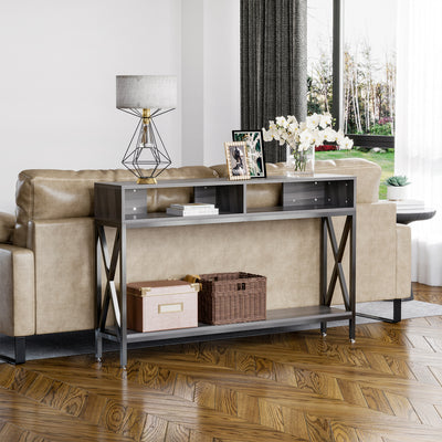 Table Console Table d'Entrée Industriel Multi-rangements 120 x 23,5 x 75 cm Bois Gris