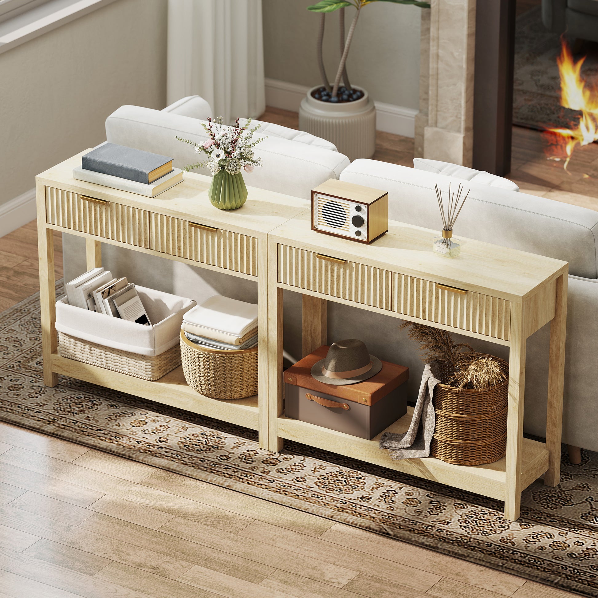 Console meuble 90 cm, table console étroite avec 2 tiroirs rainurés et étagère, style moderne, bois naturel