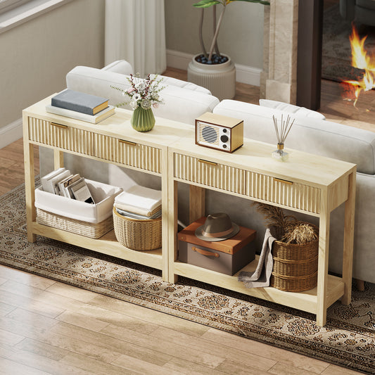 Console meuble 90 cm, table console étroite avec 2 tiroirs rainurés et étagère, style moderne, bois naturel