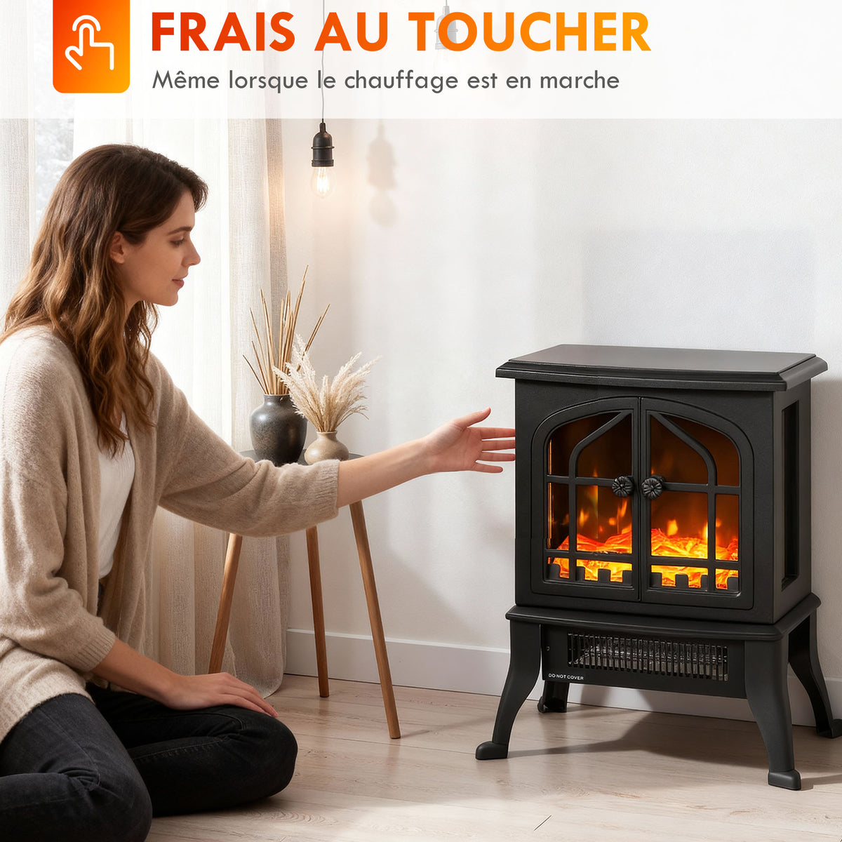 Cheminée électrique avec effet flamme 3D, 1800/900 W, fausse cheminée décorative, thermostat réglable, 39x24x48cm, noir