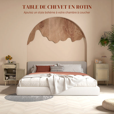 Lot de 2 tables de chevet avec placard et étagère porte rotin tissé 1 tiroir design bohème - 40 x 40 x 68,5 cm naturel
