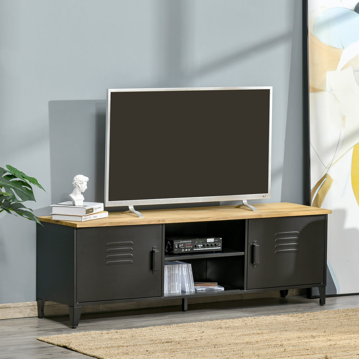 Meuble TV Banc TV pour téléviseurs de 55'' avec 2 Placards Pieds Réglables Cadre métalique noir Plateau en Bois Naturel 150 x 40 x 50 cm