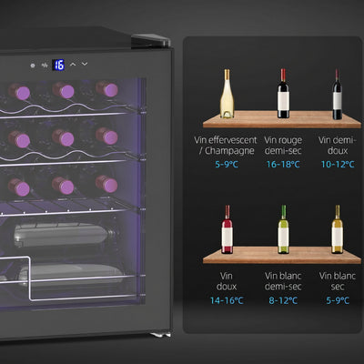 Cave à vin 16 bouteilles 42L, réfrigérateur à vin et boissons avec température réglable 5-18°C, porte en verre, noir