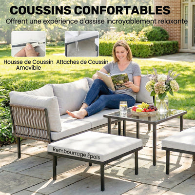 Salon de jardin extérieur d'angle modulable 6 personnes, table basse avec plateau en verre trempé, gris clair