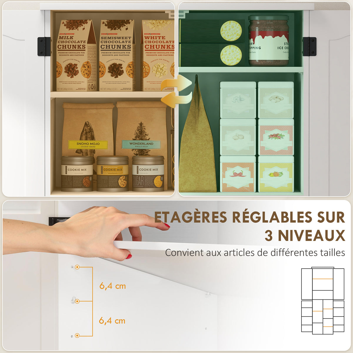 Buffet haut cuisine, armoire de cuisine, 4 portes, 10 niches, 8 porte-épices et étagères réglables, 60x35x162cm, blanc