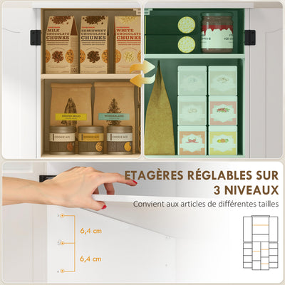 Buffet haut cuisine, armoire de cuisine, 4 portes, 10 niches, 8 porte-épices et étagères réglables, 60x35x162cm, blanc